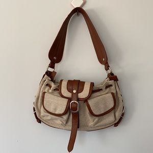 Vgt Y2K Brown & Cream Linen Baguette Shoulder Bag